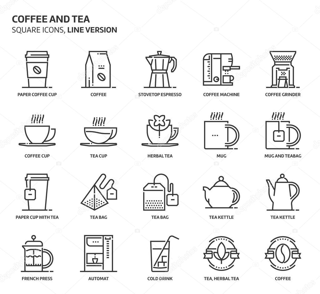 Coffee and tea, square icon set