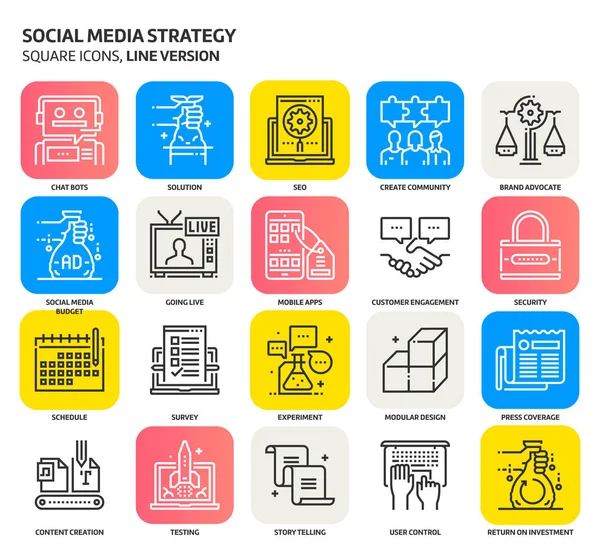 Sociale mediastrategie, vierkante pictogrammenset — Stockvector