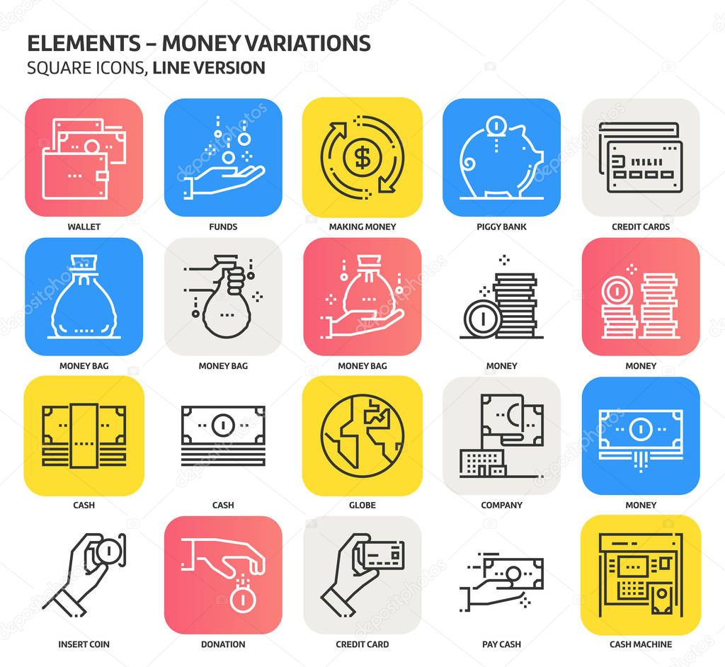 Money elements, square icon set.