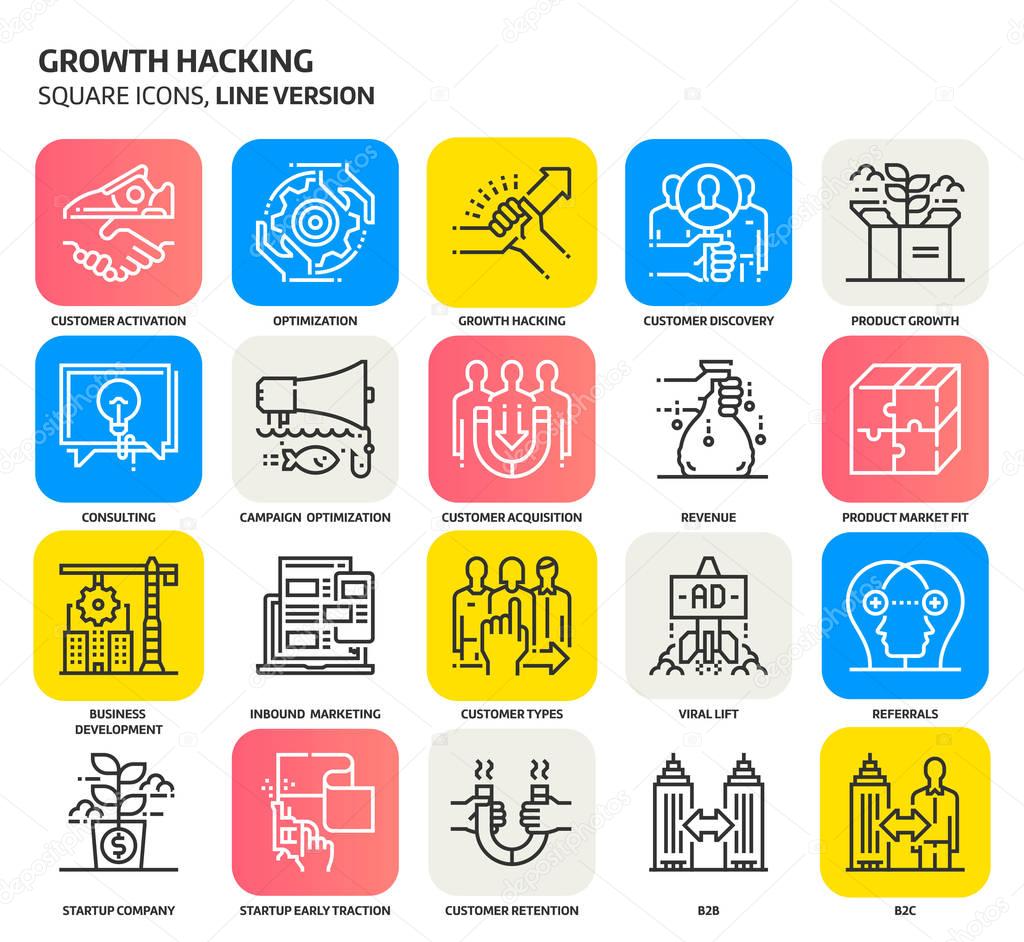 Growth hacking square icons set.