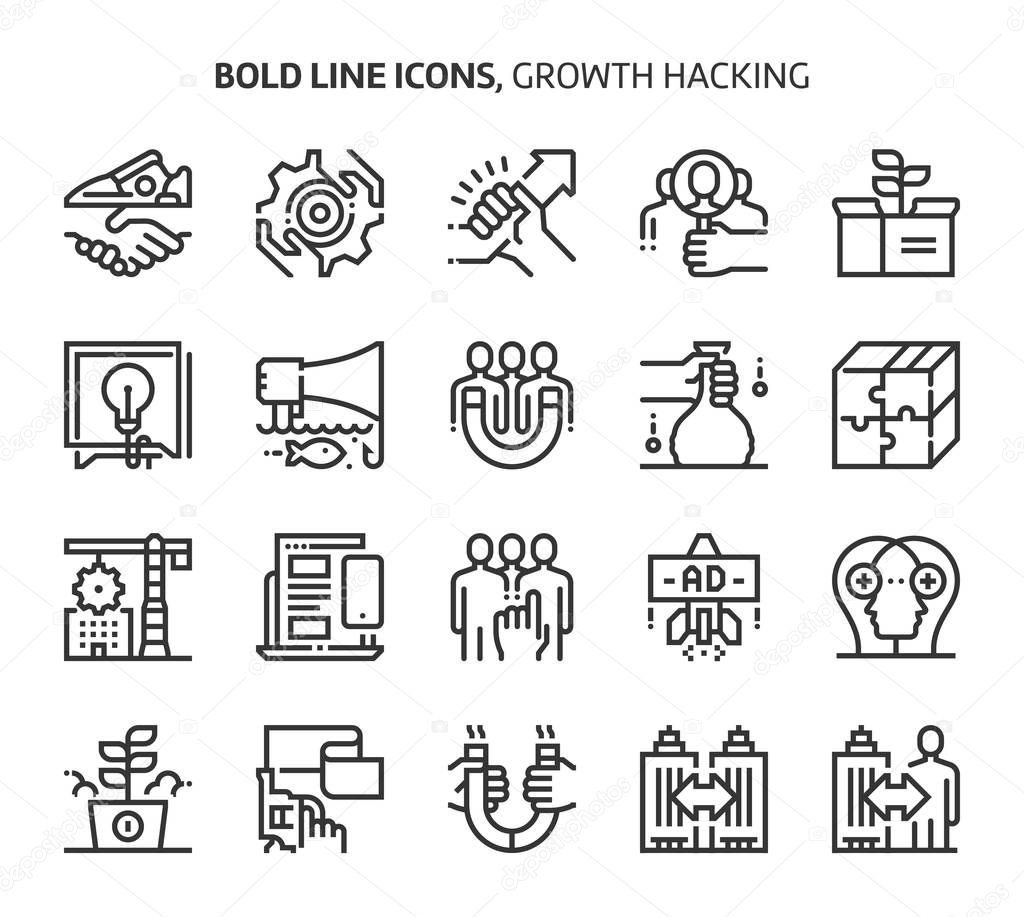Growth hacking, bold line icons