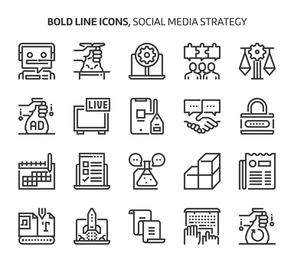 Estrategia de redes sociales, iconos de línea en negrita — Vector de stock