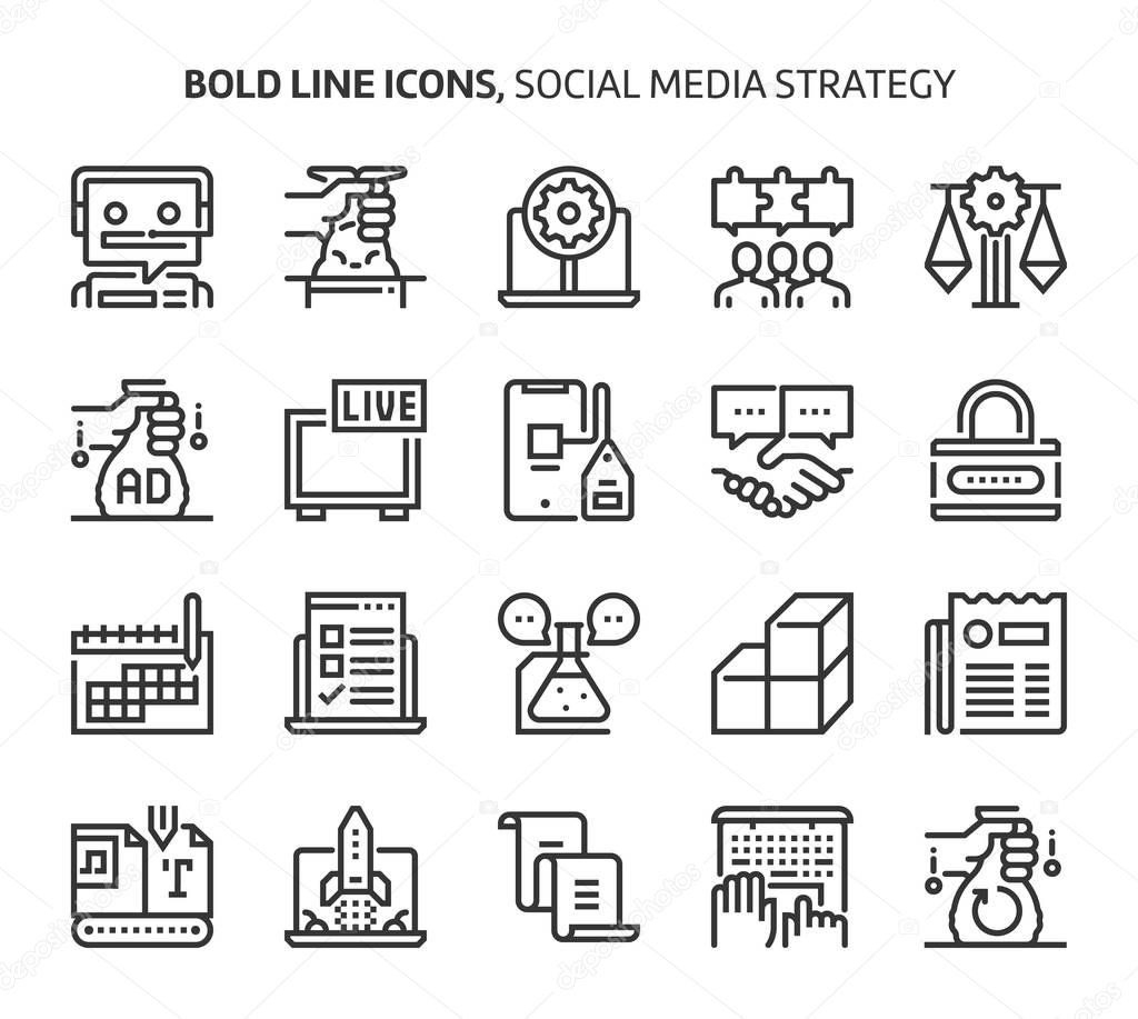 Social media strategy, bold line icons