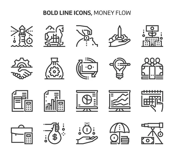 Money flow, bold line icons — Stock Vector