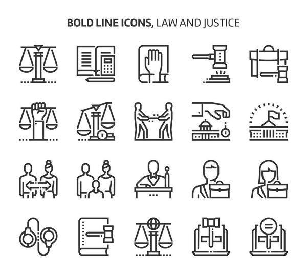 Law and justice, bold line icons