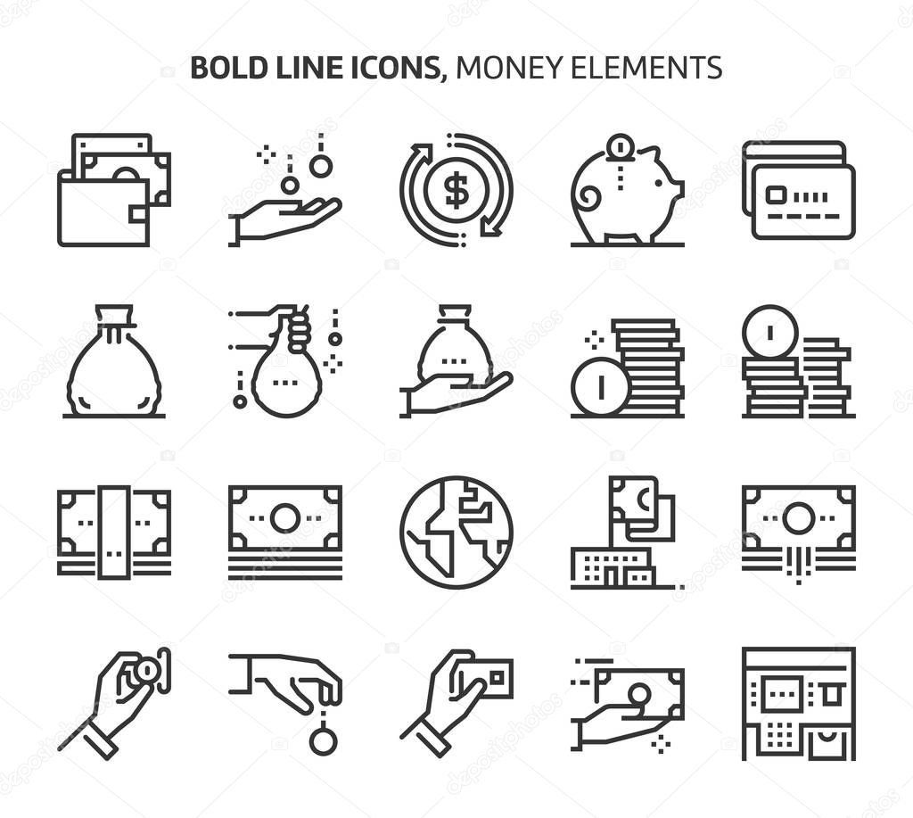 Money elements, bold line icons