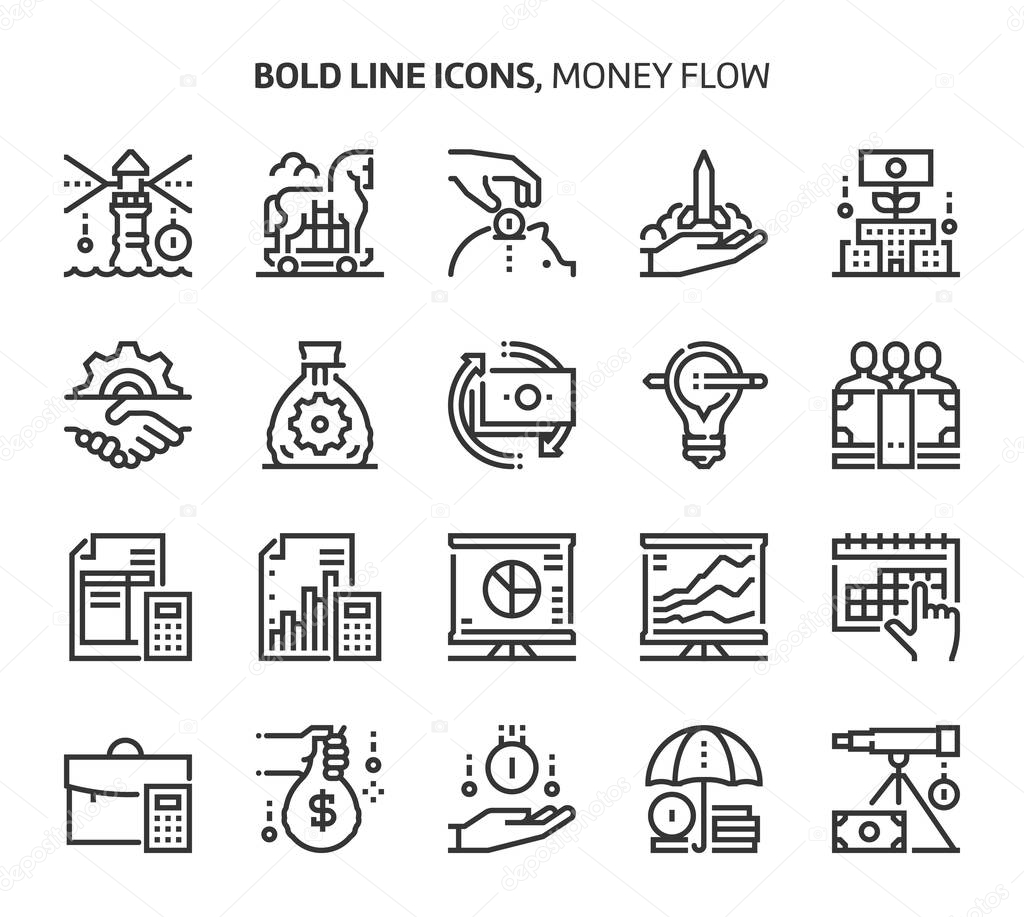 Money flow, bold line icons
