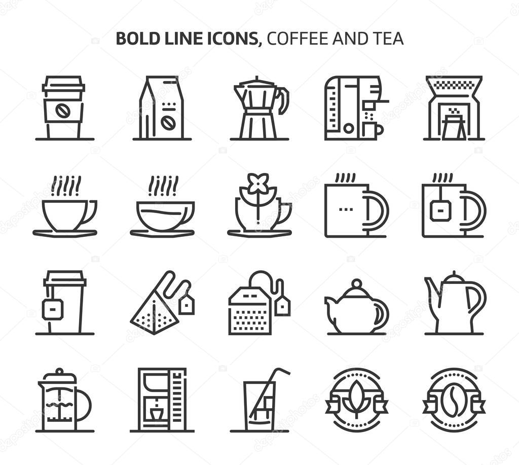 Coffee and tea, bold line icons