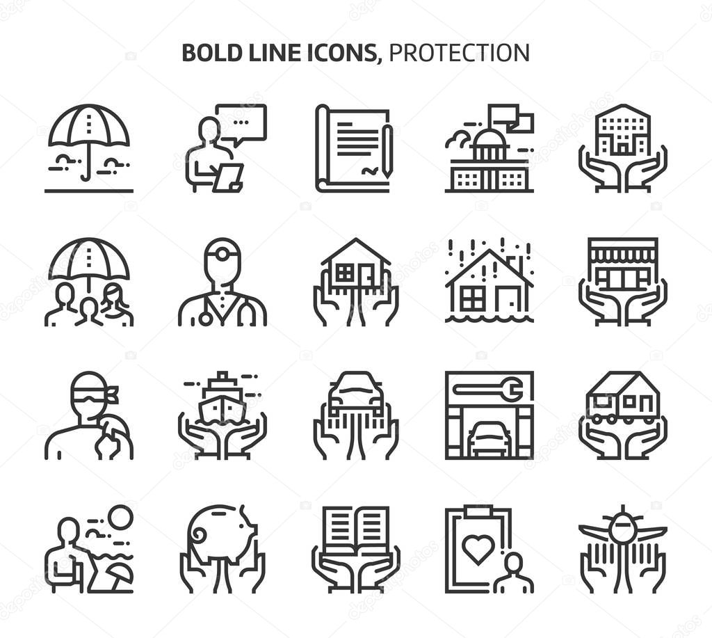 Protection, bold line icons.