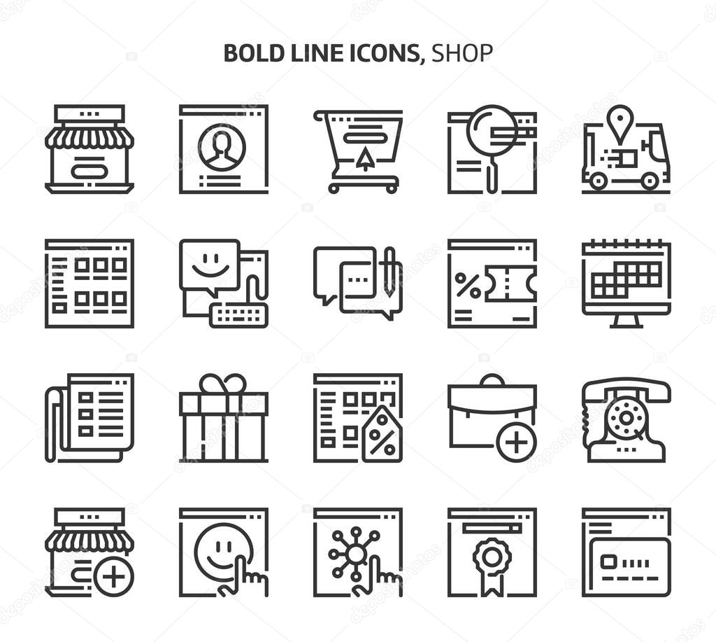 Shop, bold line icons.