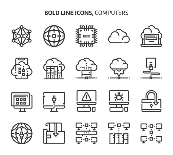 Komputery i sieci, pogrubiony wiersz ikon. — Wektor stockowy