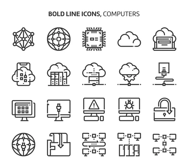 Computer und Vernetzung, fette Zeilensymbole. — Stockvektor