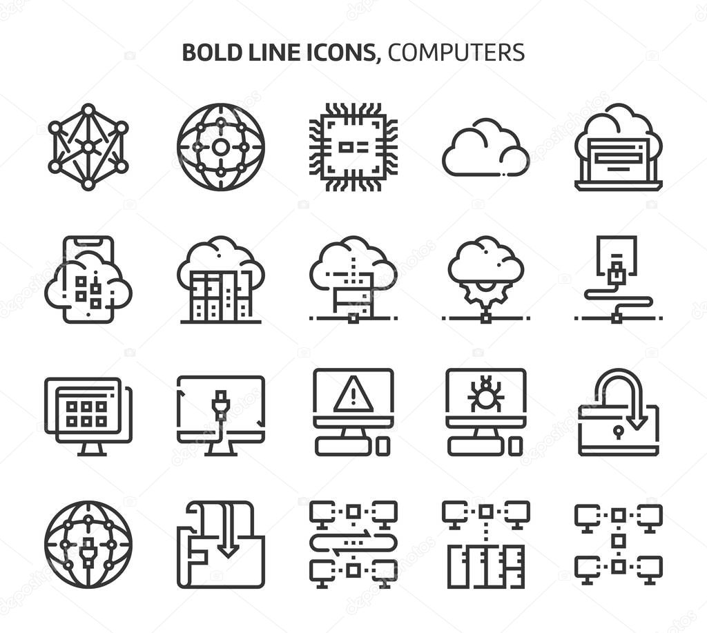 Computers and networking, bold line icons.