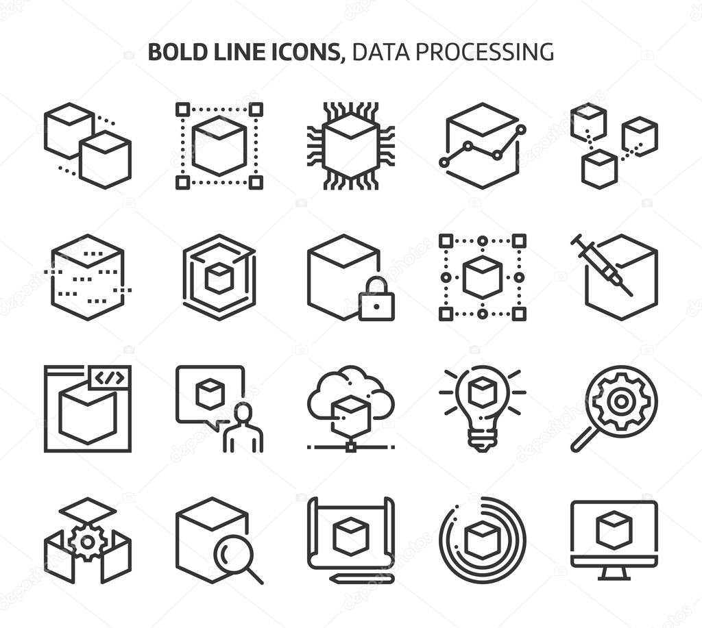 Data processing, bold line icons. The illustrations are a vector, editable stroke, 48x48 pixel perfect files.