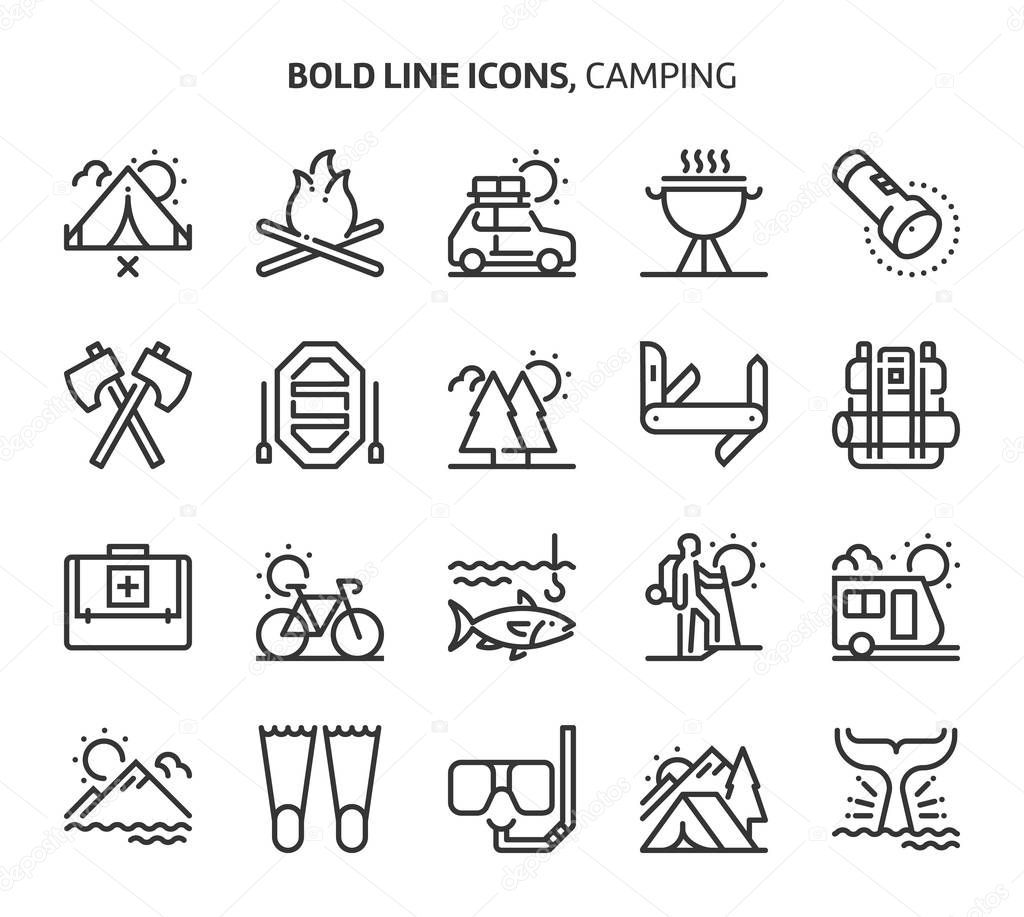 Camping, bold line icons