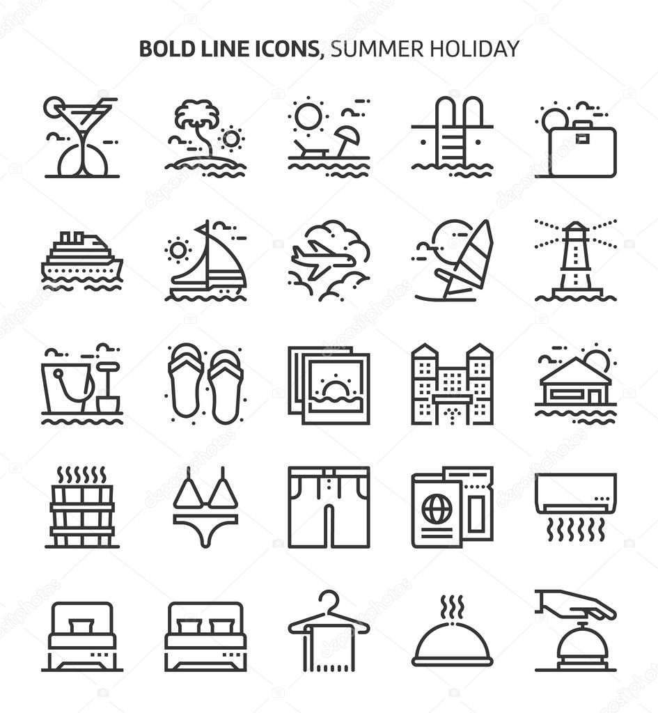 Summer holiday, bold line icons