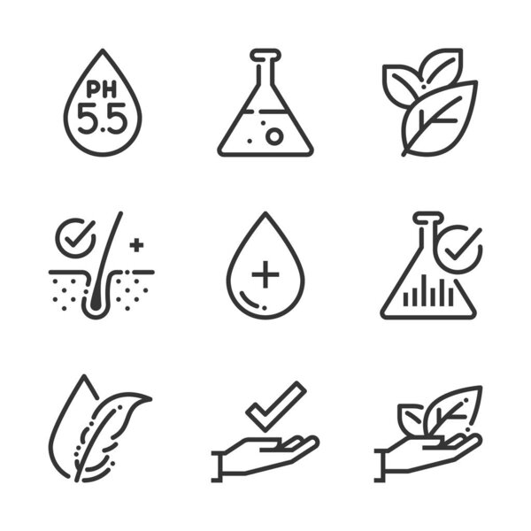 Chemically tested related, bold line icons. The illustrations are about, skin, dermatology, cosmetics, allergy, ph values.