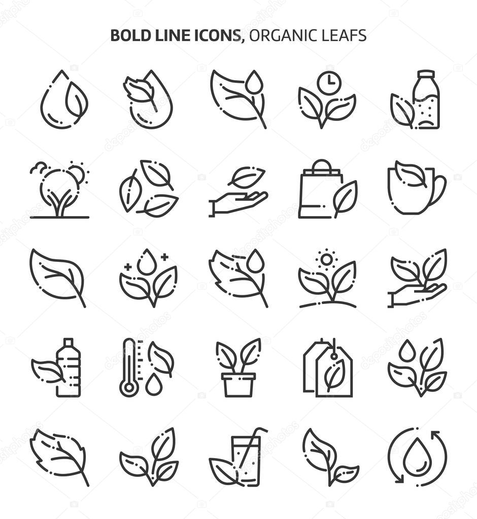 Leaf and plants related, bold line icons. The illustrations are about water, care, gardening, environmental, nature.