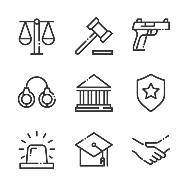 Law and justice bold line icon set