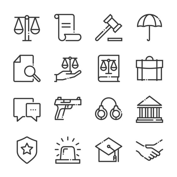 Law and justice bold line icon set