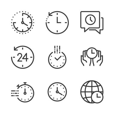 Zaman bağlantılı kalın çizgi simgesi seti. Set saat, mühlet, takvim, iş, yönetim, tarih, 24 saat, başarı, vektör, düzenlenebilir vuruş, çizgi, özet hakkında.