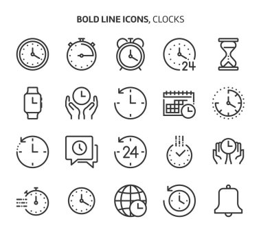 Zaman bağlantılı kalın çizgi simgesi seti. Set saat, mühlet, takvim, iş, yönetim, tarih, 24 saat, başarı, vektör, düzenlenebilir vuruş, çizgi, özet hakkında.