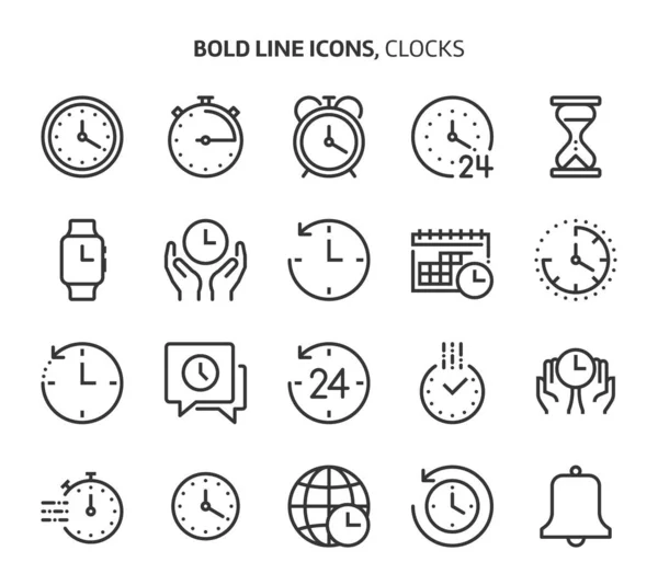 時間関連の太字のアイコンセット セットは クロック 締め切り カレンダー ビジネス 24時間 ベクトル 編集可能なストローク ライン — ストックベクタ