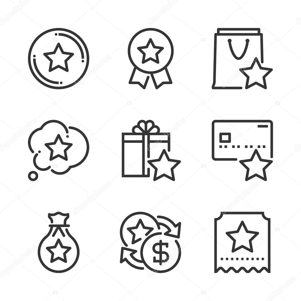 Bonus related bold line icon set. The set is about exchange, currency, feedback, award, customer, gift, bonus, coupon, vector, editable stroke, line, outline.