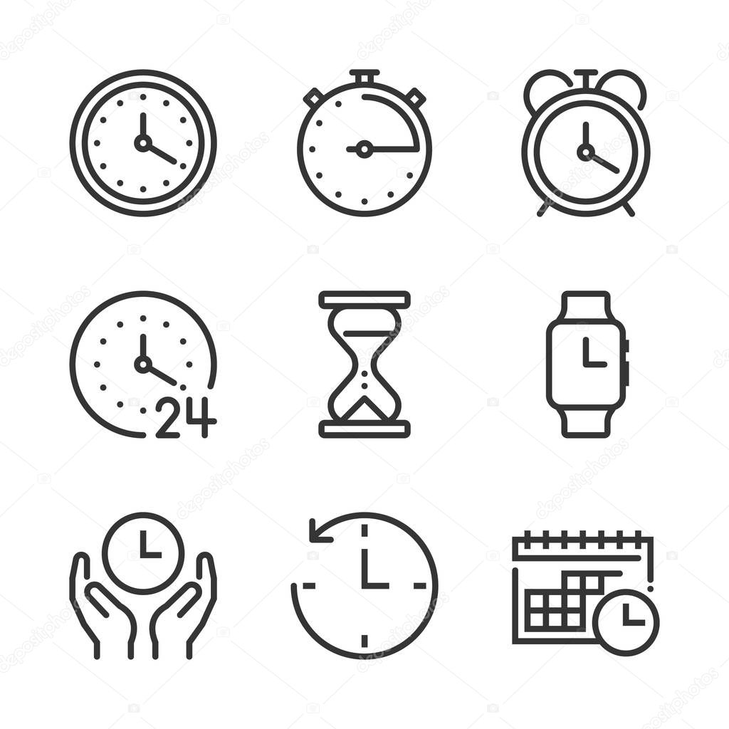 Time related bold line icon set. The set is about clock, deadline, calendar, business, management, date, 24 hours, achievement, vector, editable stroke, line, outline.