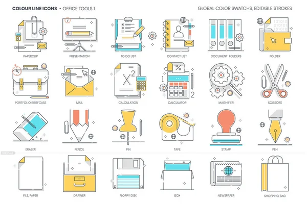Herramientas de oficina relacionadas, línea de color, icono de vector, conjunto de ilustración — Vector de stock