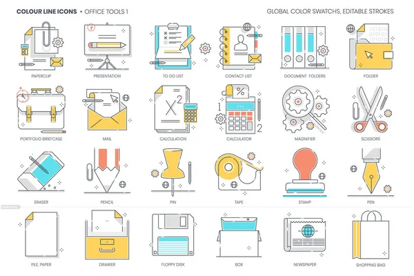 Büro-Tools verwandt, Farblinie, Vektor-Symbol, Illustrationsset — Stockvektor