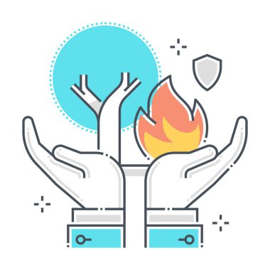 Doğal afet bağlantılı renk çizgisi ikonu, illüstrasyon. İkonun konusu güvence, ağaç, orman, ekoloji ve eller. Bileşimi sınırsız ölçekte..