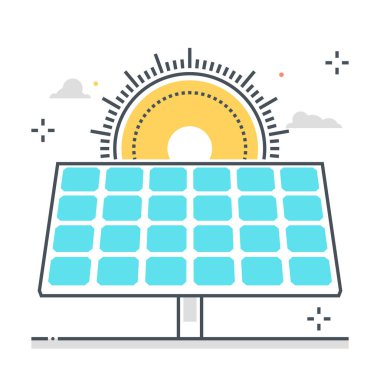 Güneş enerjisiyle ilgili renk çizgisi ikonu, illüstrasyon. İkonun konusu güneş, ekolojik, yeşil enerji, çevre dostu, yenilenebilir enerji, temiz. Bileşimi sınırsız ölçekte..