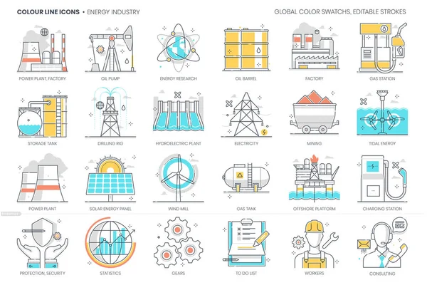 Energetický Průmysl Související Barevná Linie Vektorová Ikona Ilustrační Sada Sada — Stockový vektor