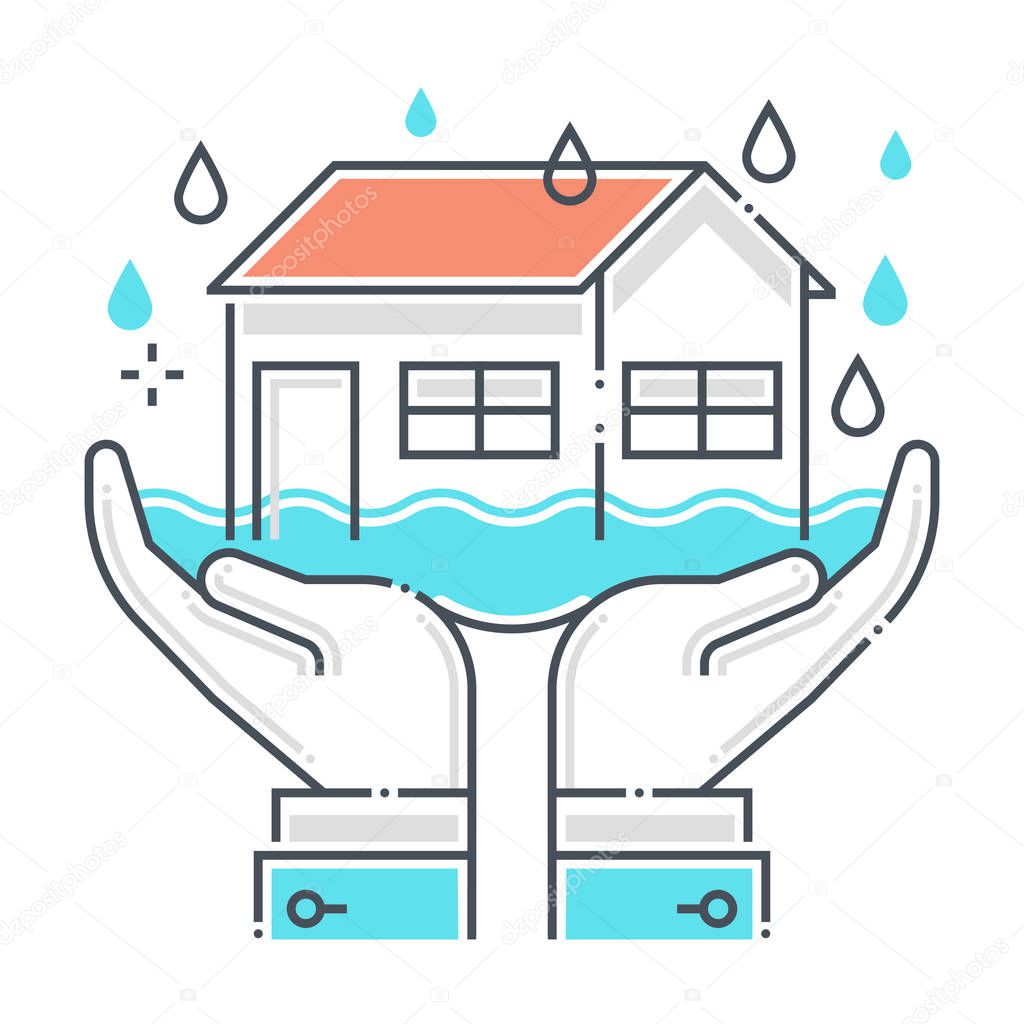Flood protection related color line vector icon, illustration. The icon is about assurance, natural disaster, house, rain, building, water, sea. The composition is infinitely scalable.