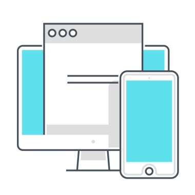Masaüstü tarayıcı bağlantılı renk çizgisi vektör simgesi, illüstrasyon. Simge cep telefonuyla ilgili, yan yana, birlikte, bilgisayar, internet, elektronik. Bileşimi sınırsız ölçekte..