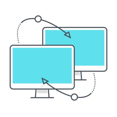 Bilgisayarlar ile ilgili renk çizgisi vektör simgesi, illüstrasyon. Simge yedekleme, senkronizasyon, bulut, yükleme, dizüstü, masaüstü. Bileşimi sınırsız ölçekte..