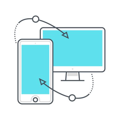 Bilgisayar ve cep telefonu bağlantılı renk çizgisi ikonu, illüstrasyon. Simge yedekleme, senkronizasyon, bulut yükleme, cep telefonu. Bileşimi sınırsız ölçekte..