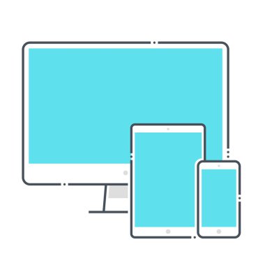 Aygıtlarla ilgili renk çizgisi vektör simgesi, illüstrasyon. Simge masaüstüyle ilgili, hepsi bir arada, bilgisayar, cep telefonu, tablet, yan yana, birlikte. Bileşimi sınırsız ölçekte..
