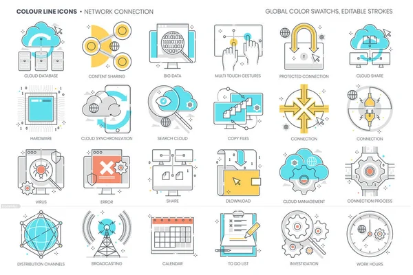 Network Connection Related Color Line Vector Icon Illustration Set Set — Stock Vector