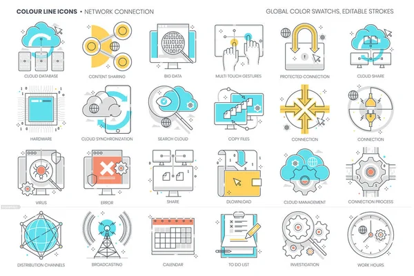 Conexão Rede Relacionada Linha Cores Ícone Vetor Conjunto Ilustrações Conjunto — Vetor de Stock