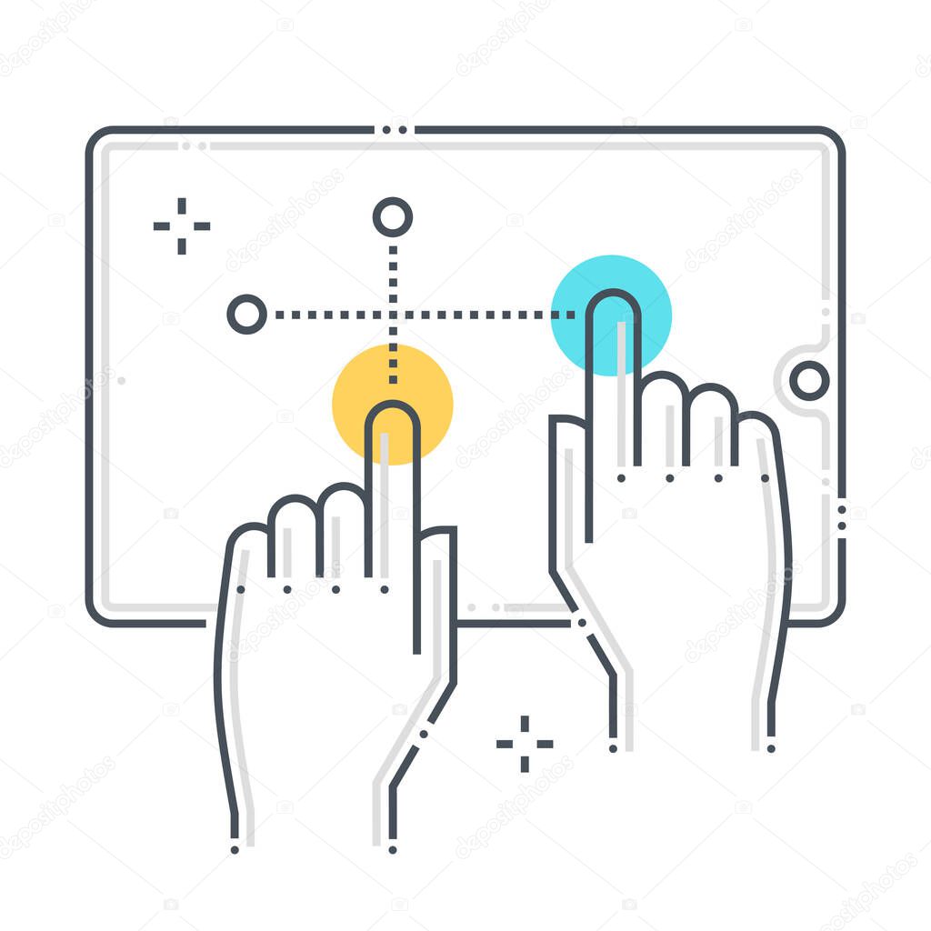 Multi touch related color line vector icon, illustration. The icon is about gestures, tablet, hands, click, drag. The composition is infinitely scalable.