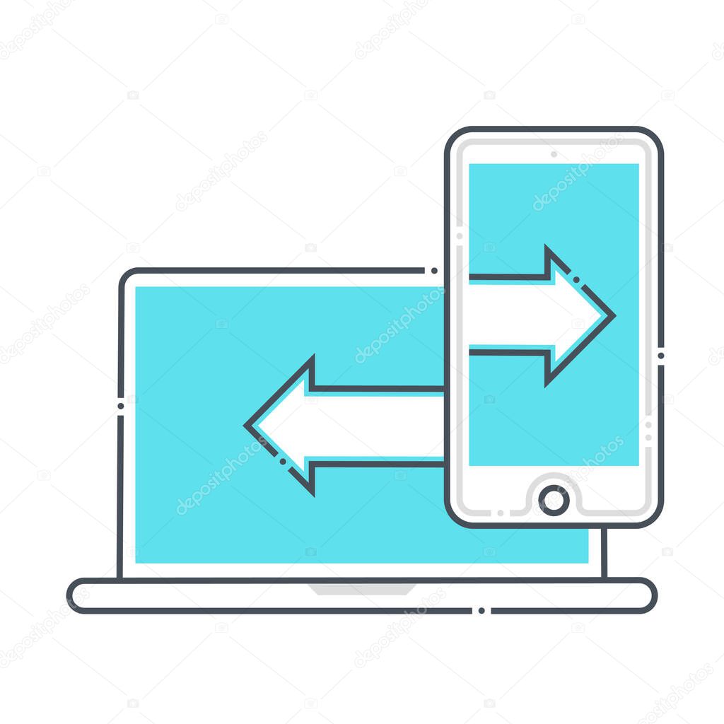 Back up related color line vector icon, illustration. The icon is about synchronization, cloud, upload, mobile phone, computer, transfer. The composition is infinitely scalable.