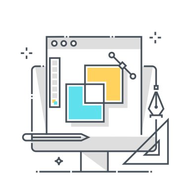 Grafik tasarımı ile ilgili renk çizgisi vektör simgesi, illüstrasyon. Simge bilgisayar, imleç, tasarım, illüstrasyon, ağ, vektör hakkındadır. Bileşimi sınırsız ölçekte..