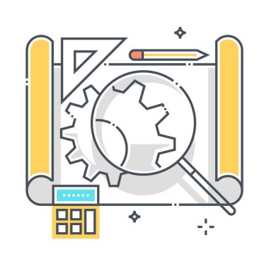 Ürün tasarımı ile ilgili renk çizgisi ikonu, illüstrasyon. İkonun konusu mavi baskı, plan, teçhizat, proje, büyüteç, plan. Bileşimi sınırsız ölçekte..