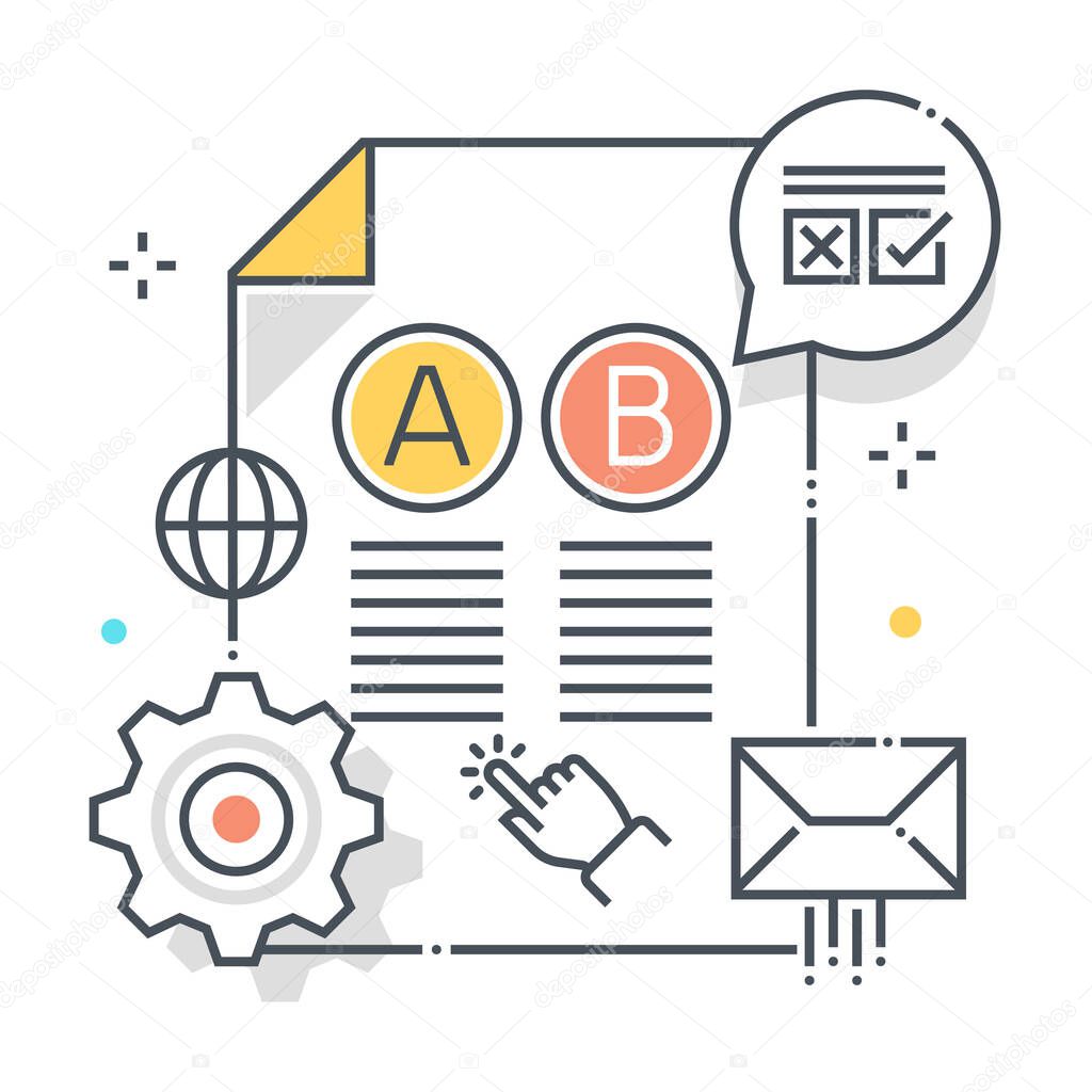 Split test related color line vector icon, illustration. The icon is about survey, pen, clipboard, test, answer, client. The composition is infinitely scalable.