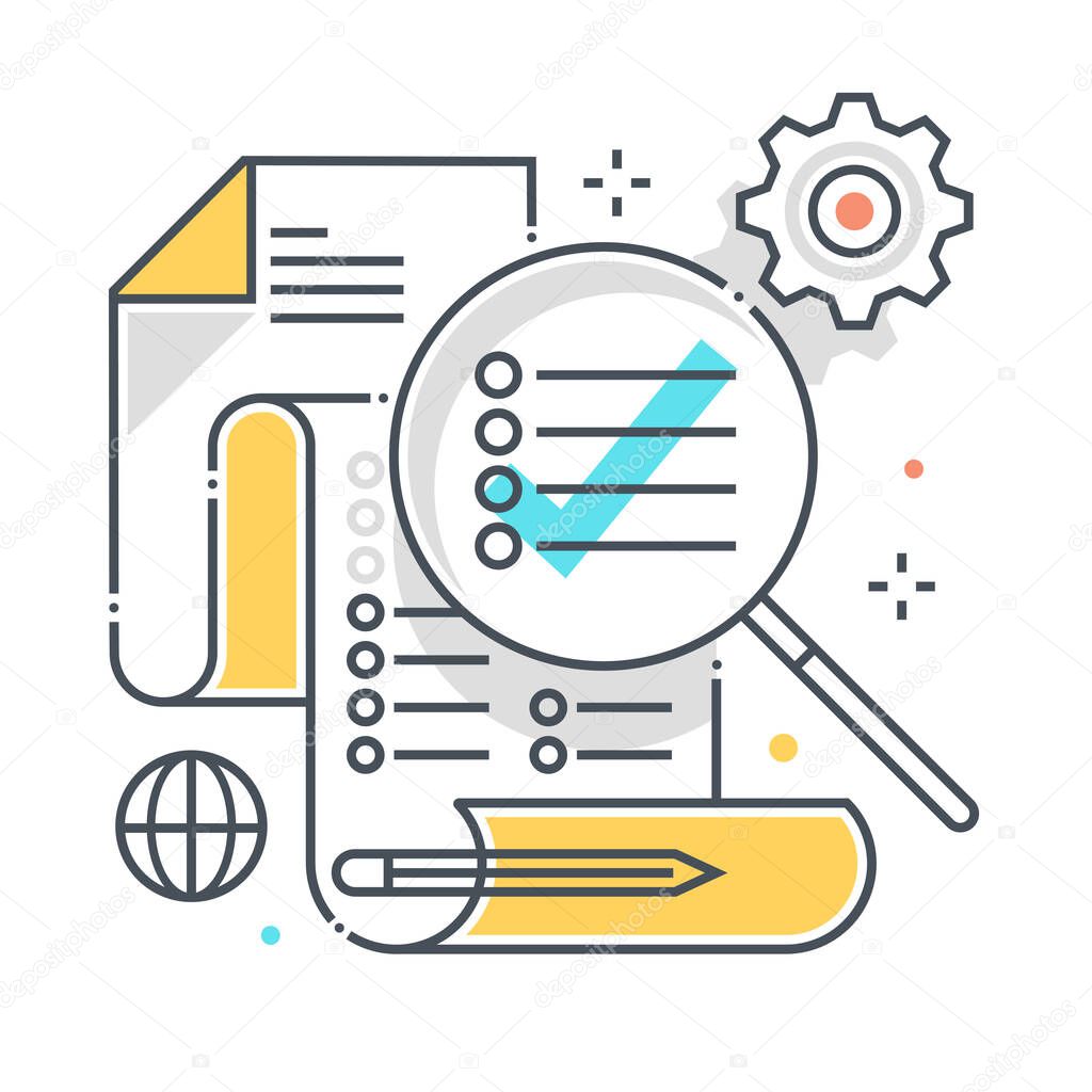 Features list related color line vector icon, illustration. The icon is about check list, to do, document, magnifier, search, search engine. The composition is infinitely scalable.