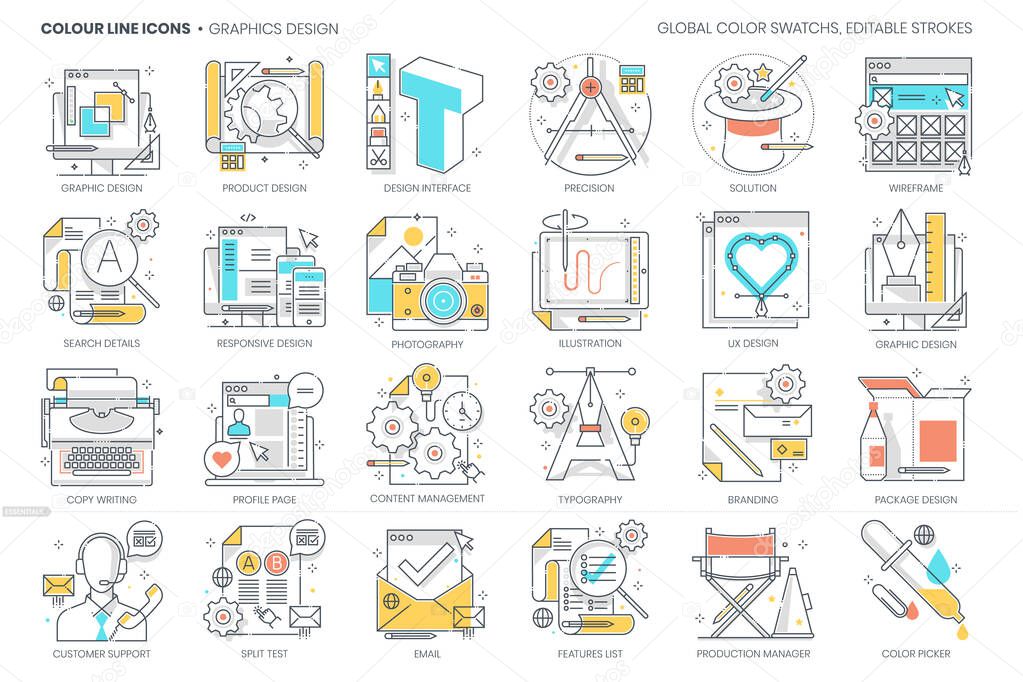 Graphic design related, color line, vector icon, illustration set. The set is about corporate identity, graphic design, illustration, web, product design.