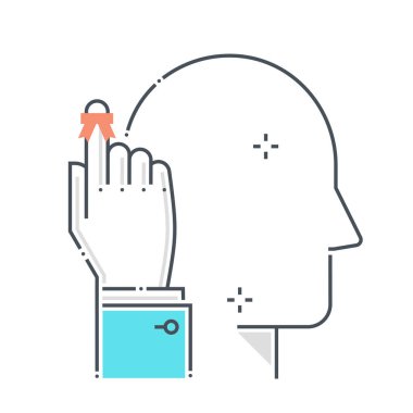 Sorumlulukla ilgili renk çizgisi vektör simgesi, illüstrasyon. İkonun konusu el, unutma, kurdele, el, söz, bilgilendirme, avatar, yüz. Bileşimi sınırsız ölçekte..