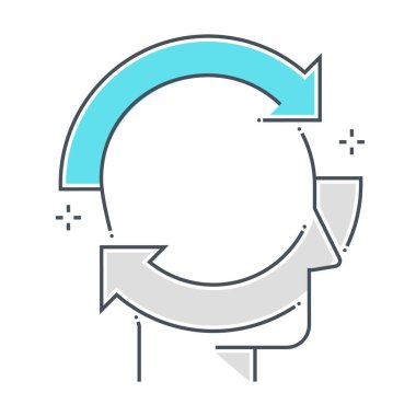 Açık fikirli renk çizgisi vektör simgesi, illüstrasyon. İkonun yedeklenmesi, temizlenmesi, yenilenmesi, senkronizasyonu, yenilenebilir olması, öğrenilmesi, avatarın yüzüyle ilgili. Bileşimi sınırsız ölçekte..